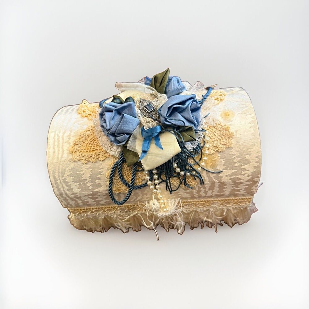 Vintage Ivory/Blue Fabric and Lace Jewelry Box, decorated